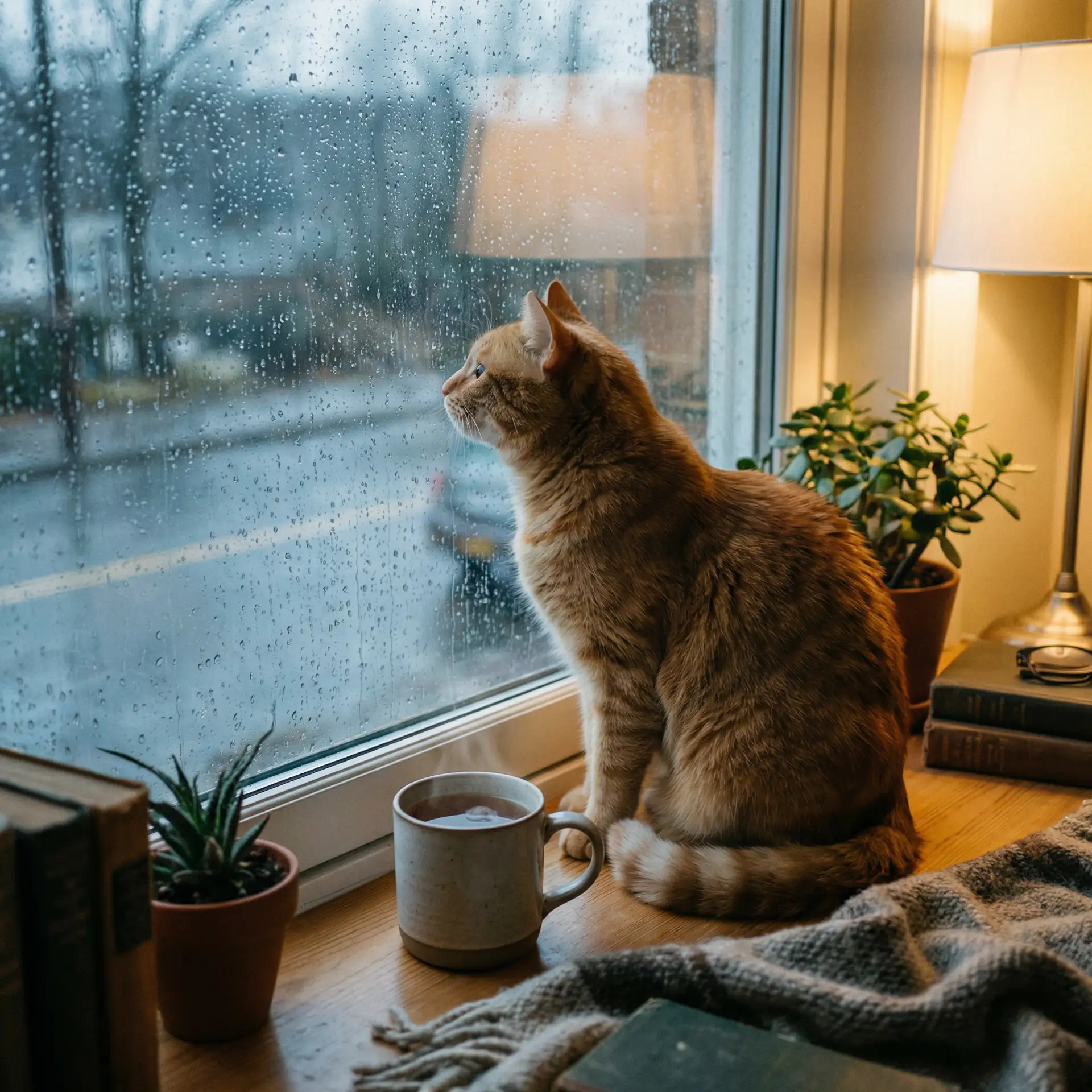 猫咪望着窗外的雨 - 无颜之月到底是
